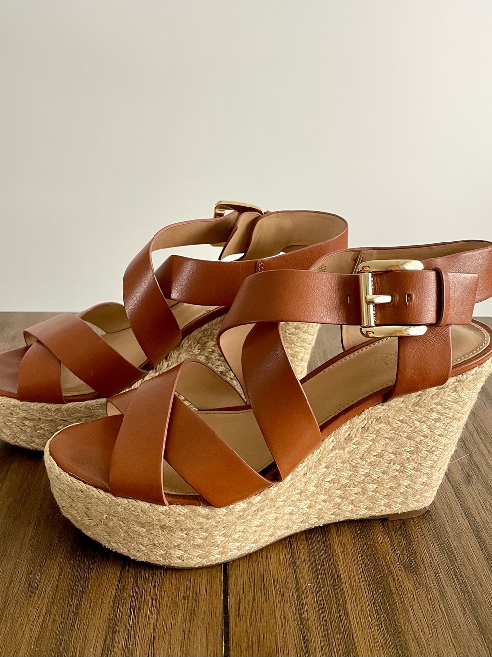 Michael Kors Brown Leather Espadrille Wedge Sandals